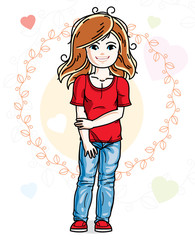 Beautiful little redhead girl wearing casual clothes and standing on colorful backdrop with loving hearts. Vector human illustration.