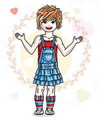 Beautiful little redhead girl wearing casual clothes and standing on colorful backdrop with loving hearts. Vector human illustration.