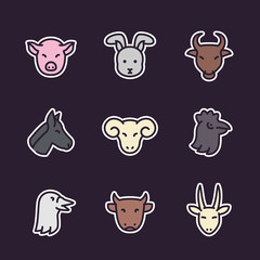 Farm animals icons, flat style with outline