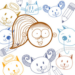 Vector colorful illustration of happy cartoon girl isolated on special background with hand drawn design elements, social interaction idea. Facial expressions on woman face.