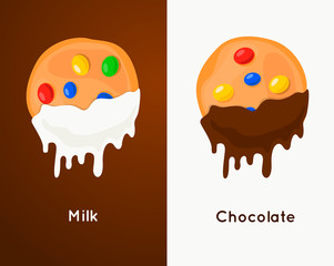 Biscuit Сookie with colorful candies dunks in chocolate sauce and milk. 