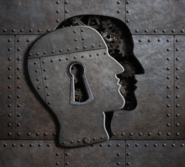Fototapety  Open brain door with metal gears and cogs 3d illustration