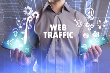 Business, Technology, Internet and network concept. Young businessman working on a virtual screen of the future and sees the inscription: Web traffic
