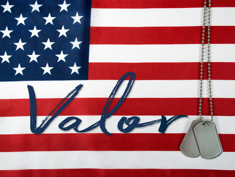 word valor and military dog tags on American flag background