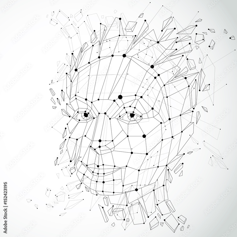 Poster smart person and mind concept, human head exploding and breaks into multiple fractures.3d vector ill