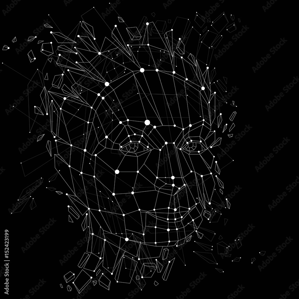 Poster 3d vector portrait created with lines mesh. intelligence allegory, black and white low poly face wit