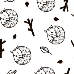 Seamless black and white pattern with fox,branch and leaves.Minimalistic texture in scandinavian style.Vector background