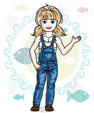 Happy little blonde girl posing on marine background with fishes and wearing fashionable casual clothes. Vector character.
