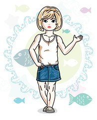 Happy little blonde girl posing on marine background with fishes and wearing fashionable casual clothes. Vector character.