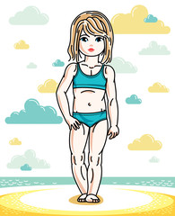 Little blonde girl cute child toddler standing on beach in blue swimsuit. Vector pretty nice human illustration. Summertime and vacation theme.