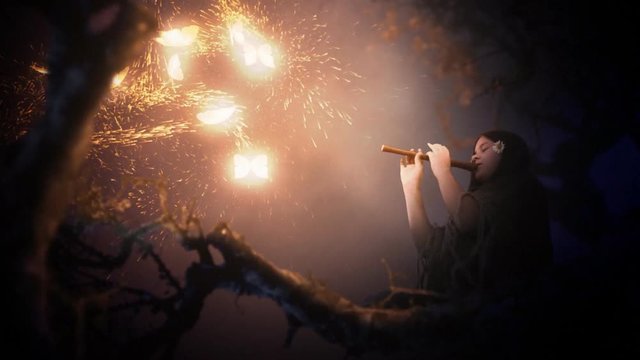 Girl plays a flute while magical glowing butterflies fly around. A fairytale scene. Colorful.