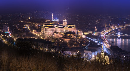 Night panorama of Budapest with Buda Castle, popular architecture landmark of the Hungarian capital, Hungary