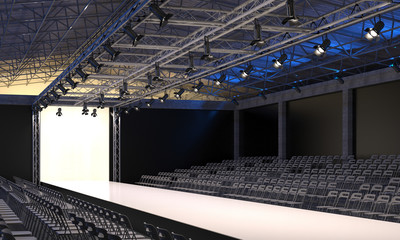 Interior of the auditorium with empty podium for fashion shows. Fashion runway before beginning of fashionable display. 3D visualization.