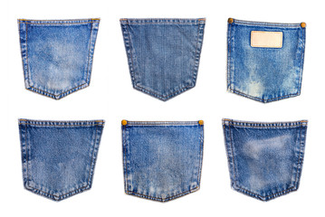 collection of Denim blue jeans pocket isolated on white background.