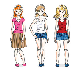 Happy cute young women group standing wearing casual clothes. Vector set of beautiful people illustrations.