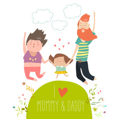 Joyful family is jumping. Dad mom and daughter holding hands jumped