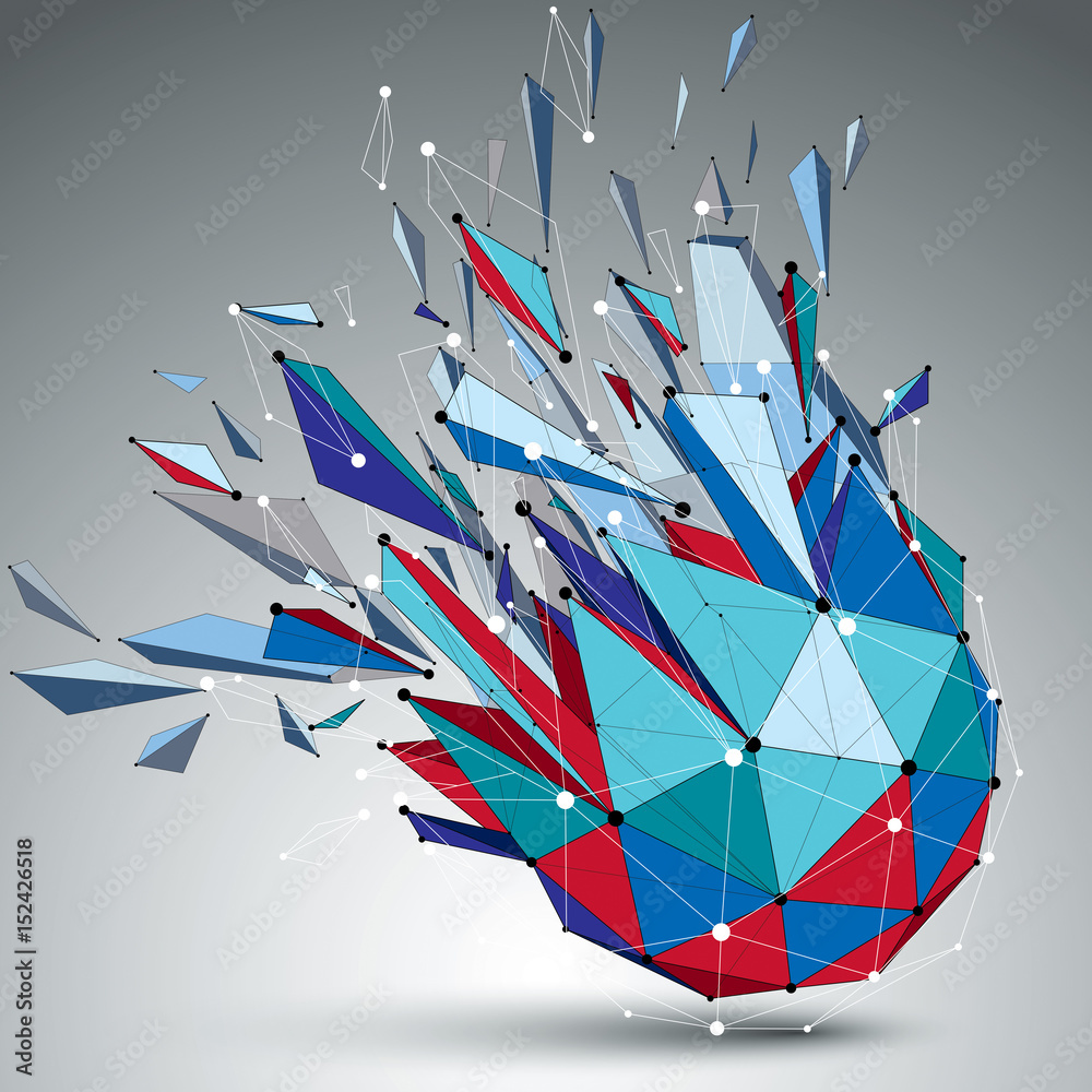 Poster 3d vector low poly object with connected black and white lines and dots, colorful geometric wirefram