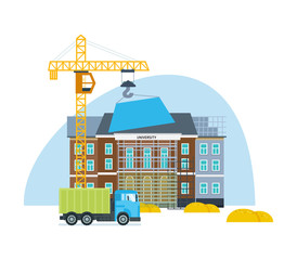 Process of building university with transport crane and truck .