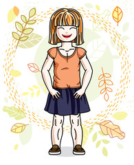 Sweet little redhead girl standing on background of autumn landscape and wearing stylish casual clothes. Vector kid illustration.