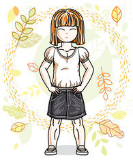 Pretty little redhead girl standing on background of autumn landscape and wearing different casual clothes. Vector pretty nice human illustration. Fashion theme clipart.