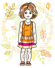 Pretty little redhead girl standing on background of autumn landscape and wearing different casual clothes. Vector pretty nice human illustration. Fashion theme clipart.