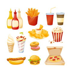 Set of delicious food, sauces and drinks from fast food.