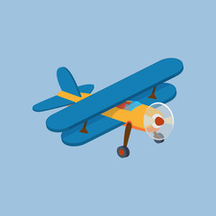 Side view of airplane biplane with piston engine and propeller. © Idey