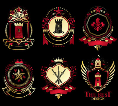 Set of old style heraldry vector emblems, vintage illustrations decorated with monarch accessories, towers, pentagonal stars, weapon and armory. Coat of Arms collection.
