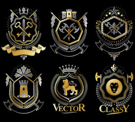Set of vector vintage elements, heraldry labels stylized in retro design. Symbolic illustrations collection composed with medieval strongholds, monarch crowns, crosses and armory.