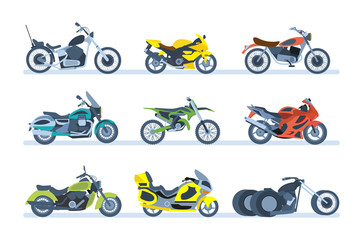 Ground vehicles. Different types of motorcycles: sports, tourist, classic, off-road.