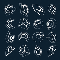 3d vector monochrome abstract shapes, different business icons and design elements collection. Geometric abstract arrows for use as navigation pictograms and app buttons.