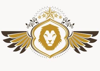 Vintage decorative heraldic vector emblem composed with eagle wings, wild lion illustration and pentagonal stars