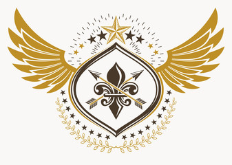 Obraz premium Vintage decorative heraldic vector emblem composed with eagle wings and pentagonal stars