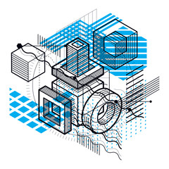 Vector background with abstract isometric lines and figures. Template made with cubes, hexagons, squares, rectangles and different abstract elements.