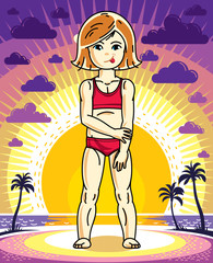 Obraz na płótnie Canvas Cute happy little red-haired girl posing on background of sunset landscape with palms and wearing colorful swimming suit. Vector character.