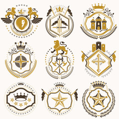 Obraz premium Set of vector vintage elements, heraldry labels stylized in retro design. Symbolic illustrations collection composed with medieval strongholds, monarch crowns, crosses and armory.