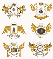 Collection of vector heraldic decorative coat of arms isolated on white and created using vintage design elements, monarch crowns, pentagonal stars, armory, wild animals.