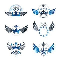 Naklejka premium Royal Crowns and Vintage Stars emblems set. Heraldic vector design elements collection. Retro style label, heraldry logo.