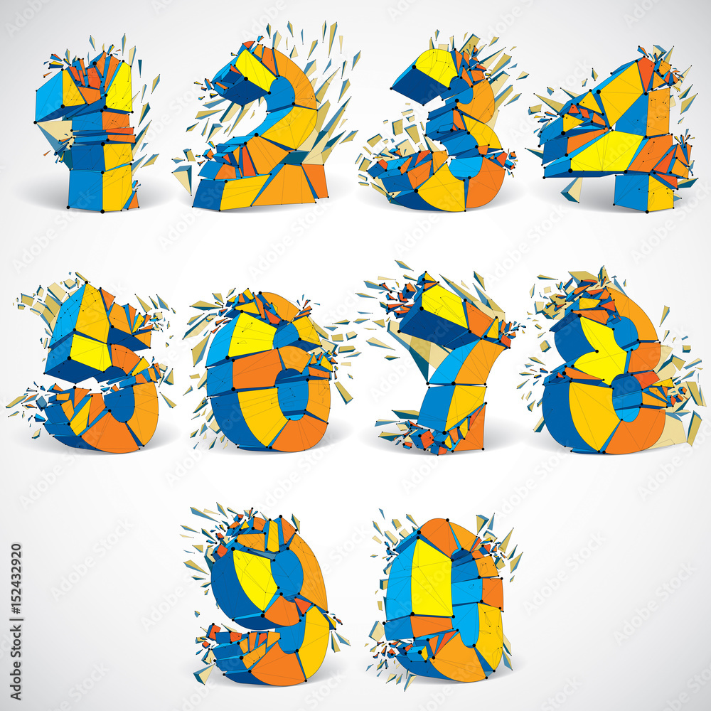 Fototapete set of abstract 3d faceted colorful numbers with connected black lines and dots. vector low poly sha