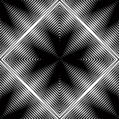 Vector pattern with black graphic lines, kaleidoscope abstract background with overlay ornament. Monochrome illusive seamless backdrop, can be used for graphic design.