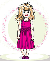 Little blonde cute girl toddler in casual clothes. Vector Illustration of pretty child standing.