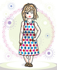 Little blonde cute girl toddler in casual clothes. Vector Illustration of pretty child standing.