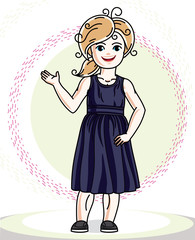 Little blonde cute girl toddler in casual clothes. Vector Illustration of pretty child standing.