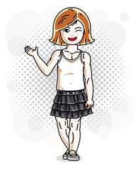 Cute little redhead girl in jeans wear. Vector illustration of human standing.