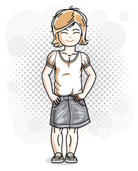 Cute little blonde girl in jeans wear. Vector illustration of human standing.