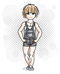 Cute little blonde girl in jeans wear. Vector illustration of human standing.