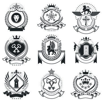 Heraldic Coat of Arms decorative emblems. Collection of symbols in vintage style.