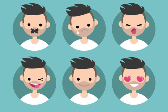 Bearded young man profile pics / Set of flat vector portraits. taped mouth, crying, yelling, winking and sticking out tongue, smiling, in love