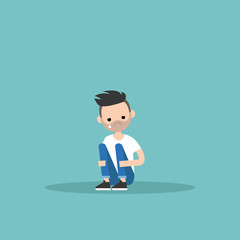 Upset crying bearded guy sitting and hugging his knees / editable flat vector illustration