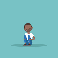 Upset crying black guy sitting and hugging his knees / editable flat vector illustration